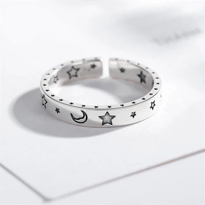 Sterling 925 Open Moon Star Ring - Silver