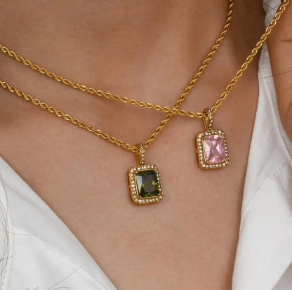 Cubic Zircon Stainless Steel Pendant Necklace - Gold