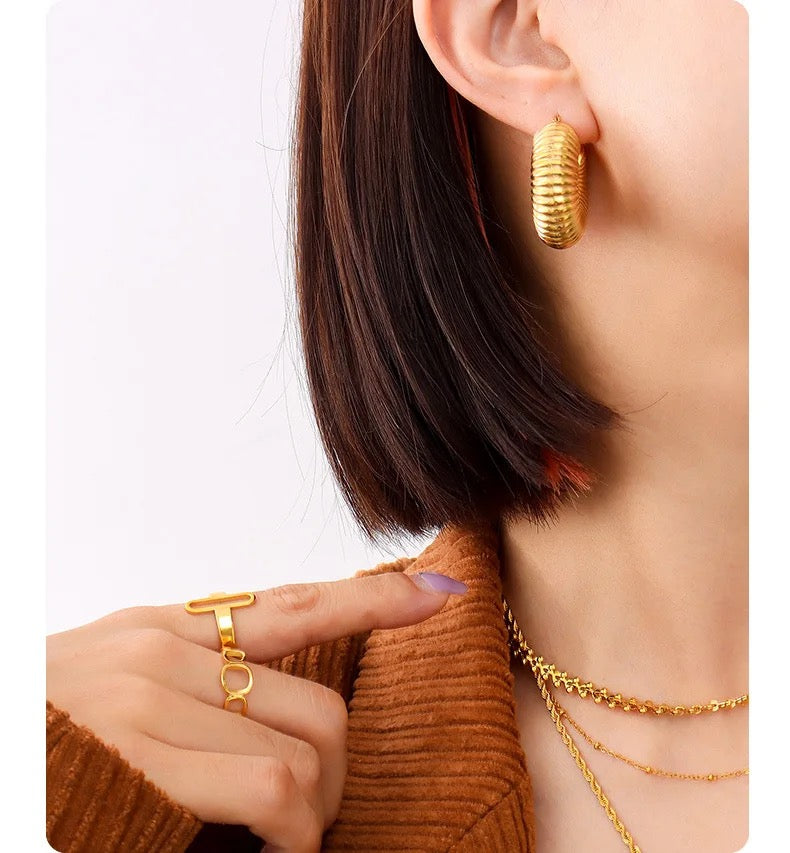 18K Gold Plated Ribbed Textured Hoop Earrings