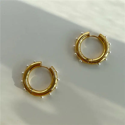 18k Gold Stainless Steel Pearl Huggies Earring