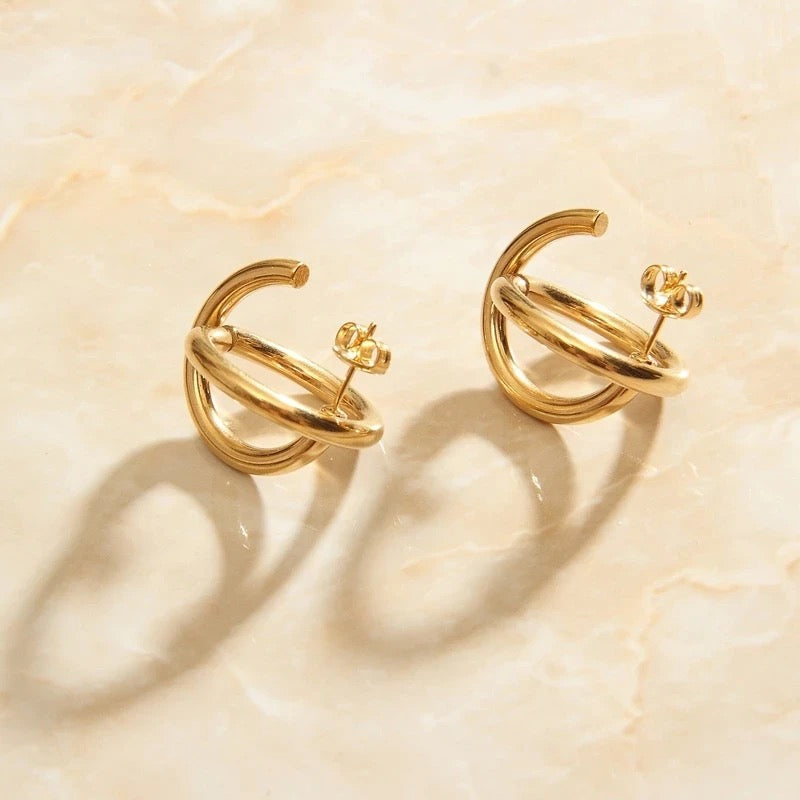 Two Circle Cross Gold Hoop Earrings