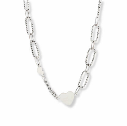 s924 Silver Heart & Textured Paperclip Necklace