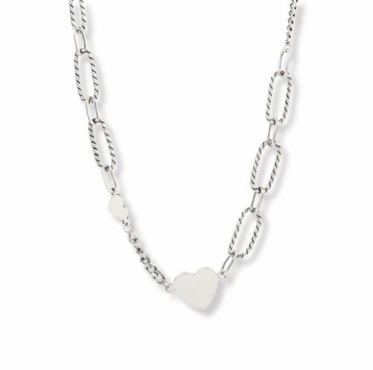 s924 Silver Heart & Textured Paperclip Necklace
