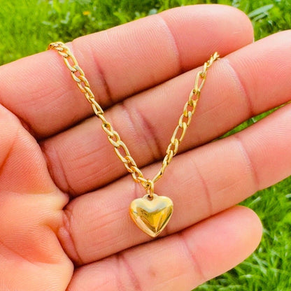 Gold Heart Pendant Figaro Chain Necklace