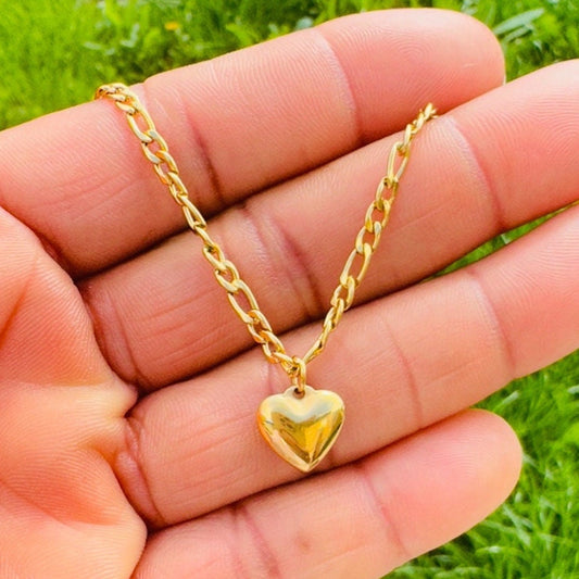 Gold Heart Pendant Figaro Chain Necklace