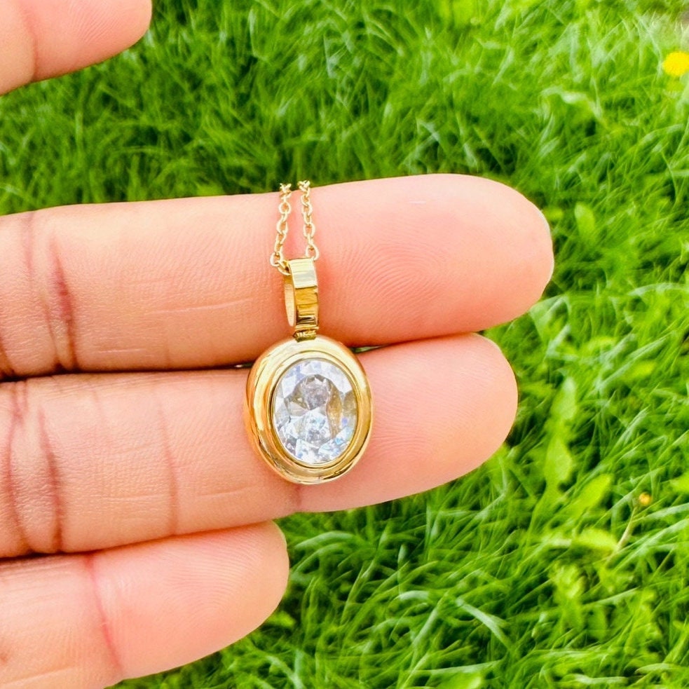 18k Gold Cubic Zirconia Pendant Stainless Steel Necklace