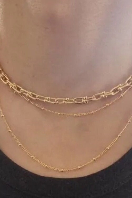 Double Layer 18K Gold Dainty Bead Chain Necklace
