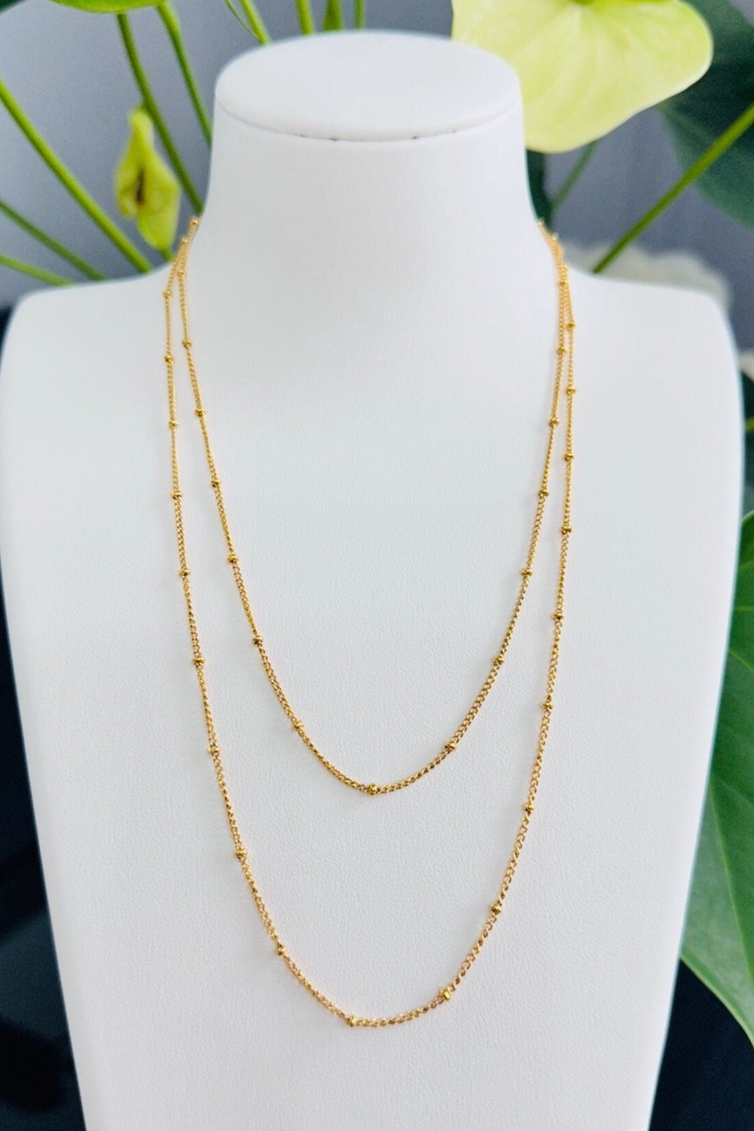 Double Layer 18K Gold Dainty Bead Chain Necklace