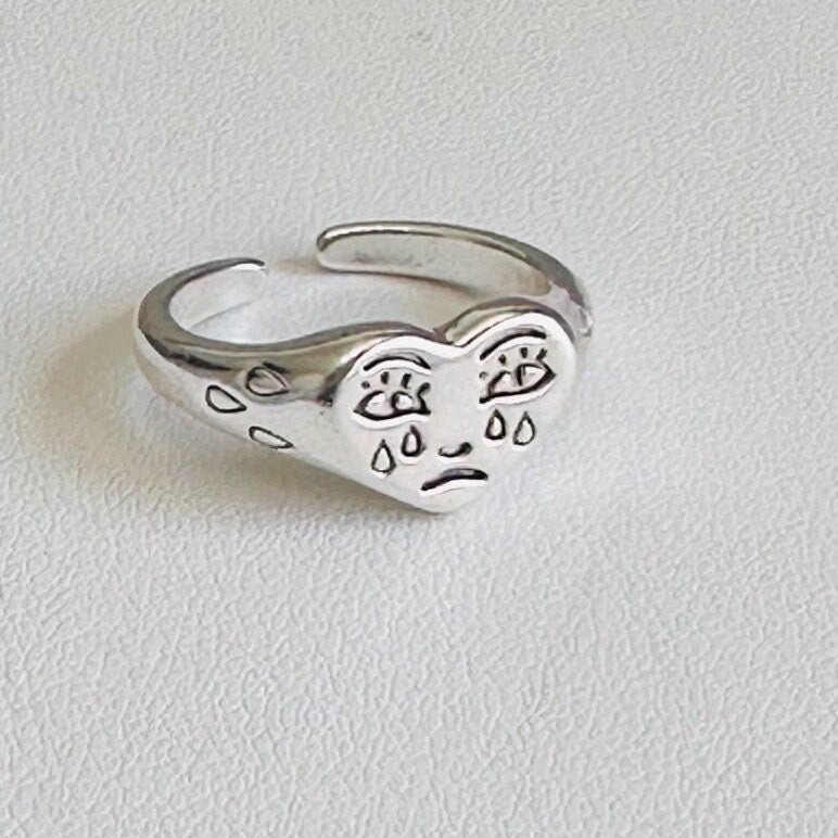 Retro Signet Crying Face Emoji - Silver Ring