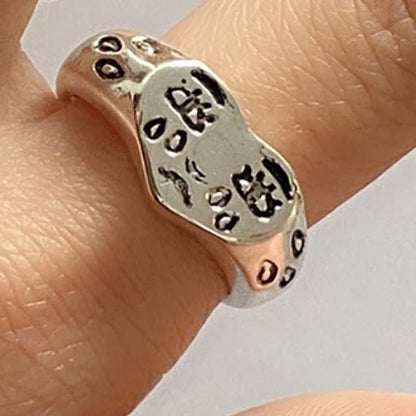 Retro Signet Crying Face Emoji - Silver Ring