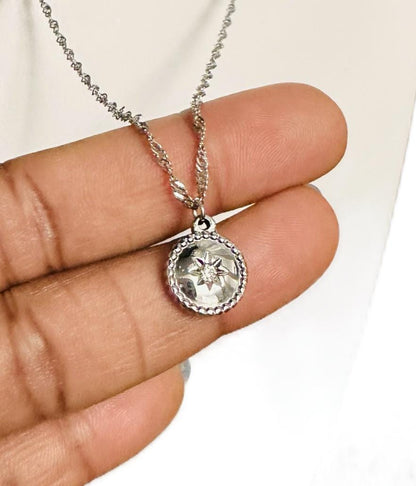 Silver Sunburst Round Pendant Twisted Chain Necklace