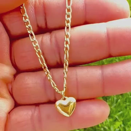 Gold Heart Pendant Figaro Chain Necklace